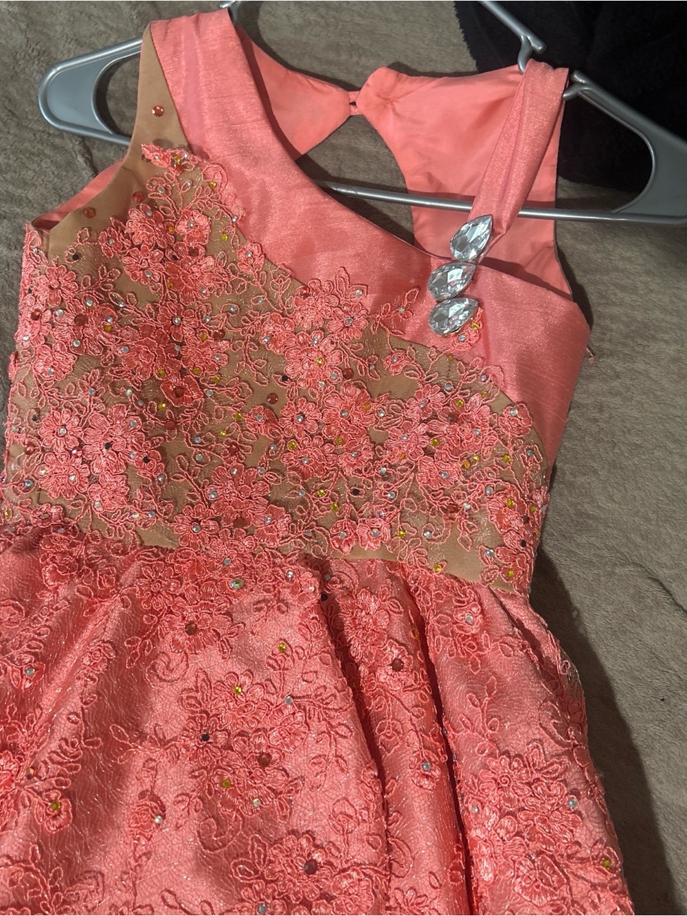 Pageant  Coral Lace Party Dress with Gem Detail